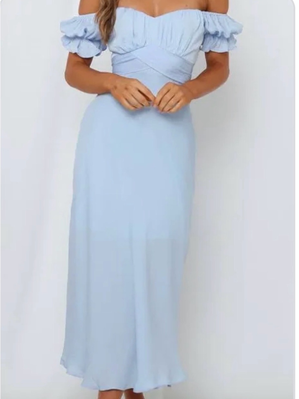 Hello Molly Light Blue Off-Shoulder Midi Dress